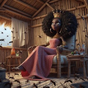 a black woman in a bamboo hut, surrounded by mosquitos, acting like an arrogant princess.jpg