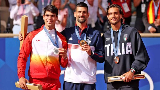 Alcaraz djokovic musetti paris olympics 2024 podium